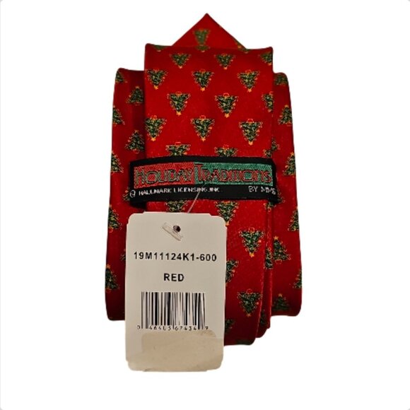 Men’s Red Christmas Tie with Small Festive Tree Pattern Holiday Necktie - Picture 3 of 3